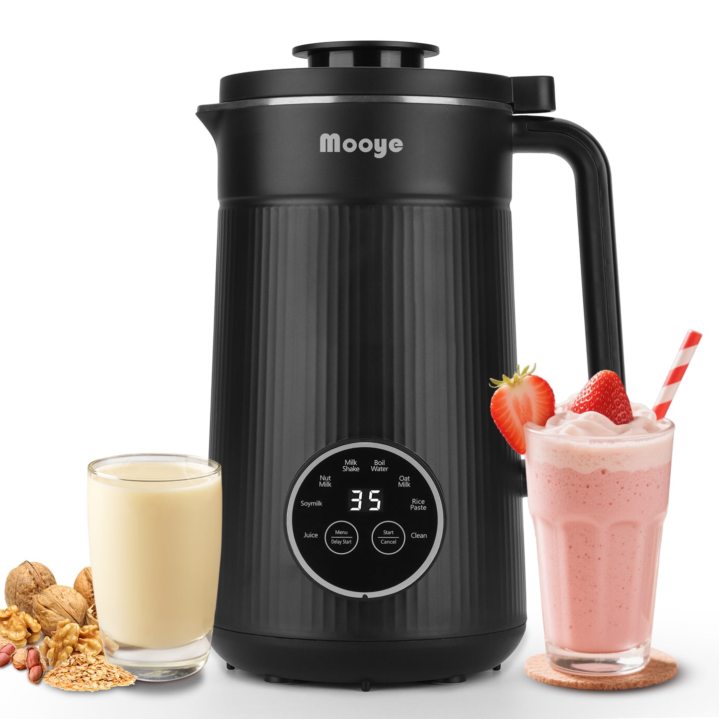 Mooye 8 in 1 Nut Milk Maker Machine with 10 Blades, 35oz Automatic Soybean Milk for Homemade Almond, Oat, Soy, Plant-Based Milks Blender with Self-Cleaning, 2H Keep Warm, 12H Delay Start, Boil Water