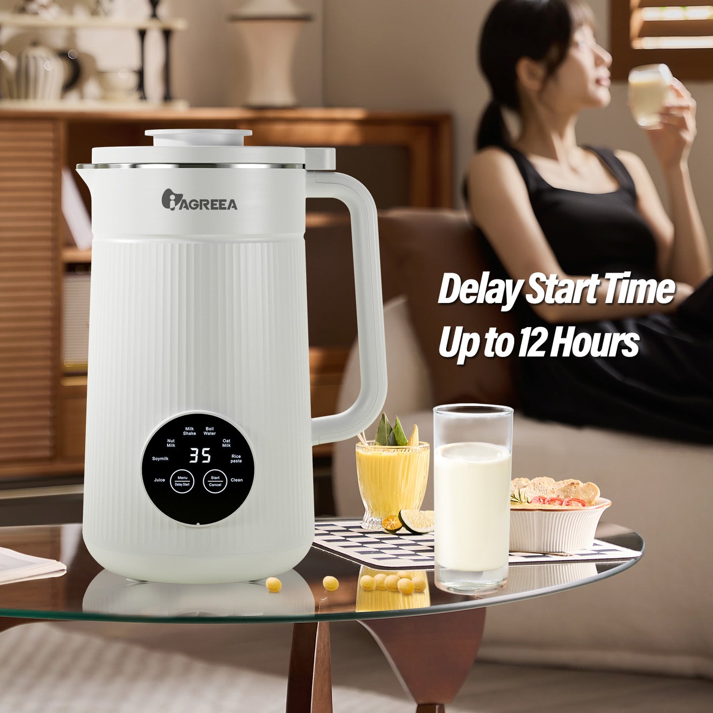 8-IN-1 IAGREEA Nut Milk Maker Machine, 35 oz Soy Milk Maker, Oat, Soy, Plant Based and Dairy Free Beverages, 2 Hours Keep Warm Countertop Blender, 10 Stainless Steel Blades, 12H Delay Start