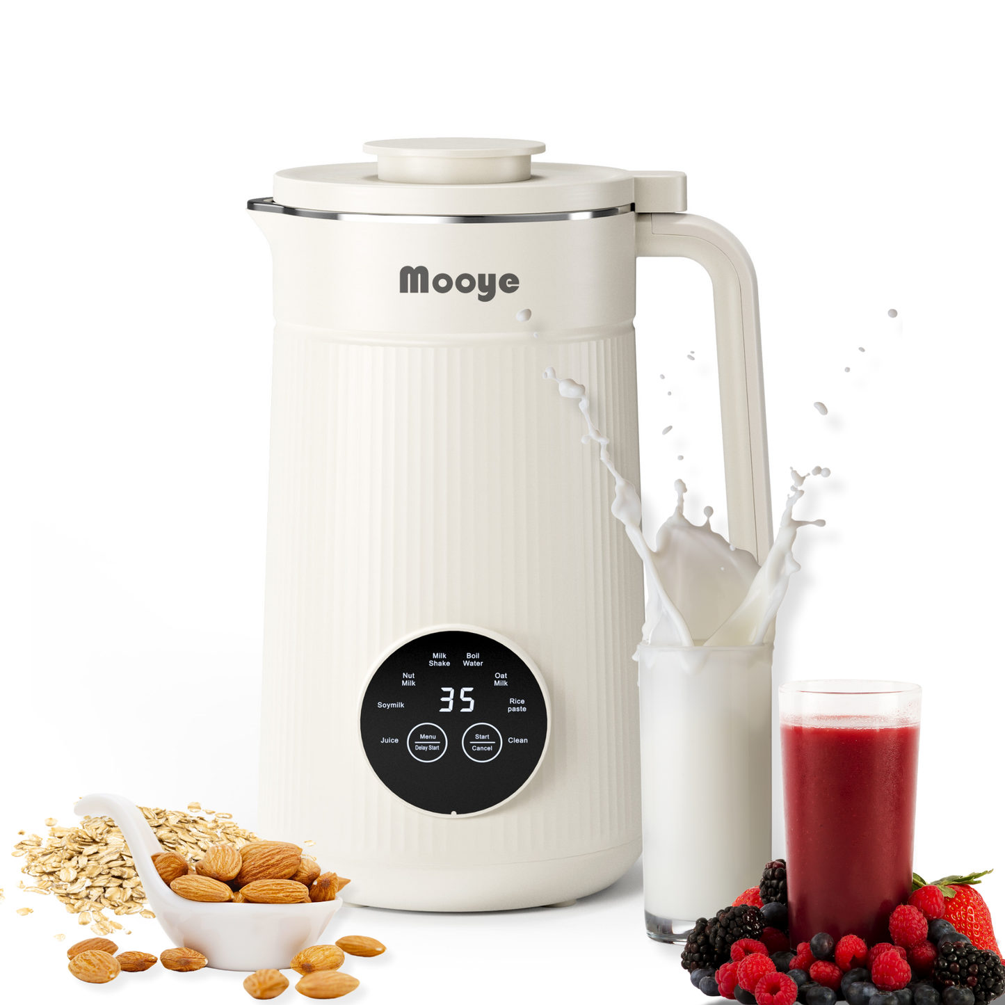 Mooye 8 in 1 Automatic Nut Milk Maker Machine, 35oz Multi-Functional Soy Milk Maker with 10 Blades, Plant-Based, Oat, Almond, Dairy Free Beverages with 12h Timer, Heating, Auto-clean, Keep Warm 2h